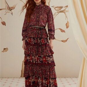 FARM Rio Burgundy Floral Maxi Skirt